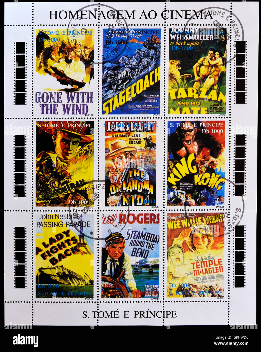 SAO TOME AND PRINCIPE - CIRCA 1995: A stamp printed in Sao Tome in homage to the movies, shows movie posters, circa 1995 Stock Photo