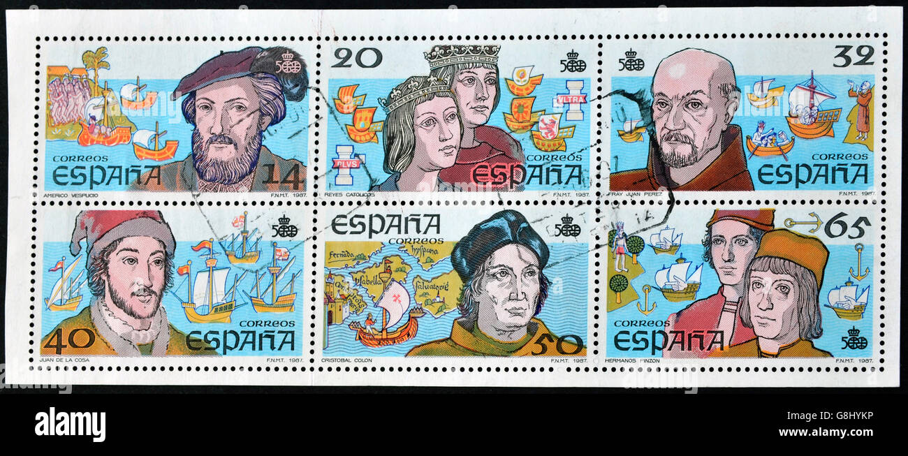 SPAIN - CIRCA 1987: A stamp printed in spain dedicated to the centennial of the discovery of america, circa 1987 Stock Photo