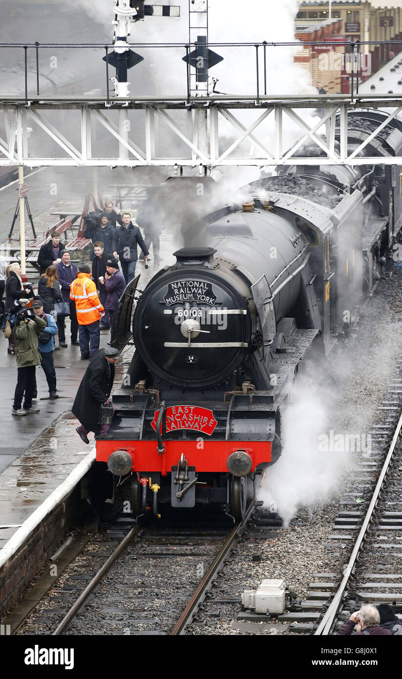 The Flying Scotsman locomotive under steam at the East Lancashire Railway tracks in public for the first time after the successful completion of a decade-long &pound;4.2m restoration project. Stock Photo