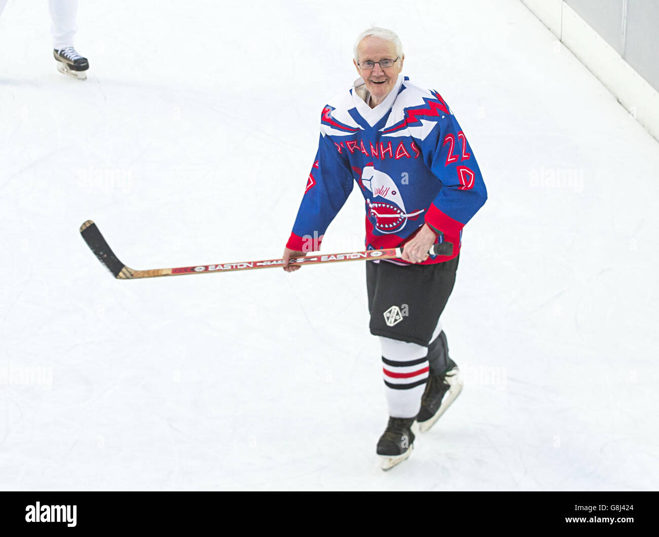 Piranhas Ice Hockey team member Robert Grieve, 86, during a photocall to attract new players to the team at Glasgow on Ice in George Square, Glasgow. Stock Photo