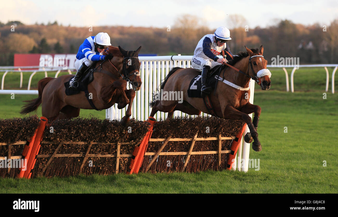One Track Mind ridden by Gavin Sheehan (right) jumps the last fence to win the Betfred Wishes You A Happy New Year Handicap Hurdle Race ahead of San Benedeto ridden by Harry Cobden in second during the Betfred Challow Hurdle Day at Newbury Racecourse, Newbury. Stock Photo