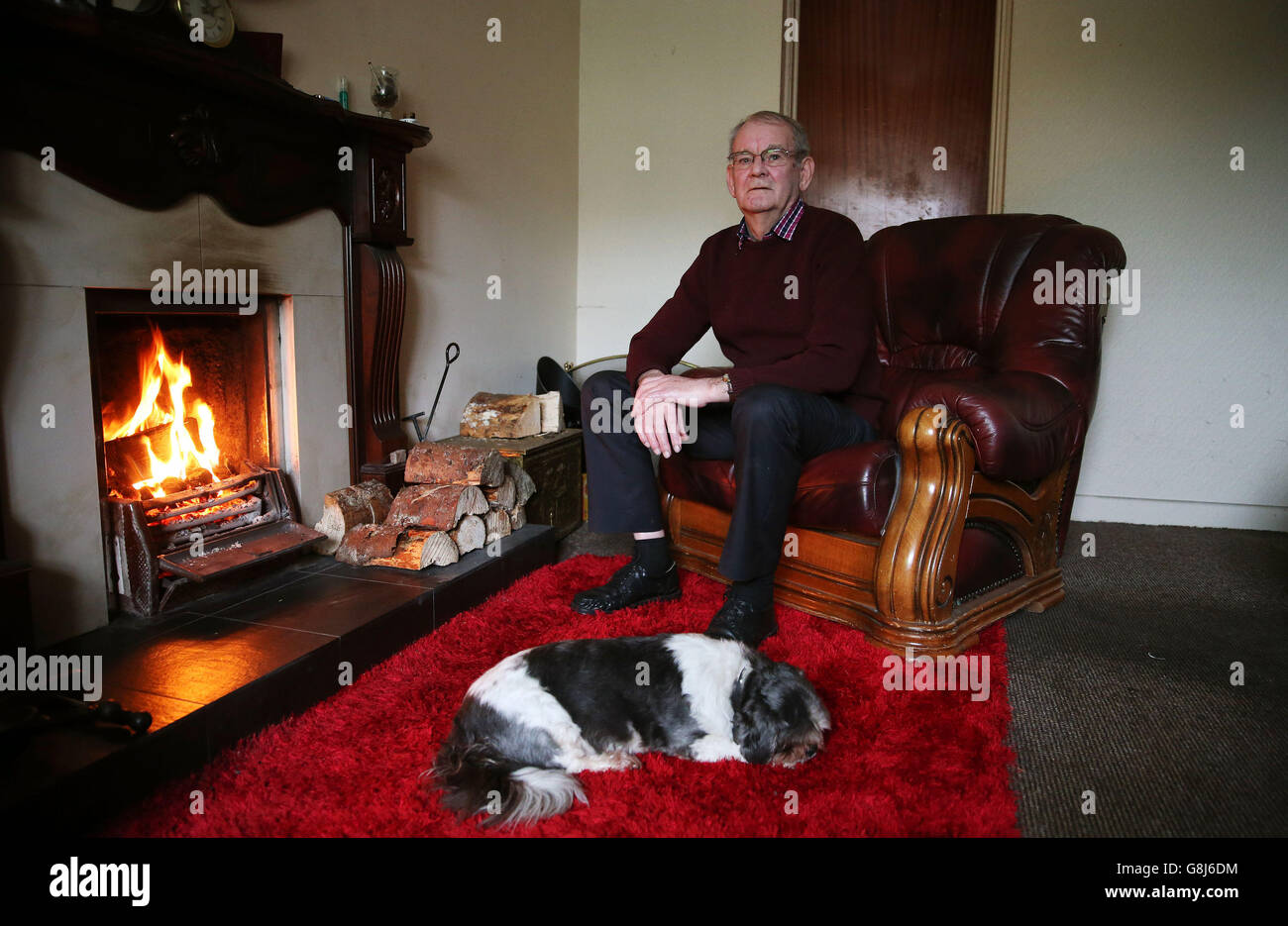 Kingsmill survivor Alan Black with his dog Libby at his home in Bessbrook, Co. Armagh, who has said that the slaughter of 10 Protestant workmen in Northern Ireland exactly 40 years ago should never be forgotten. Stock Photo