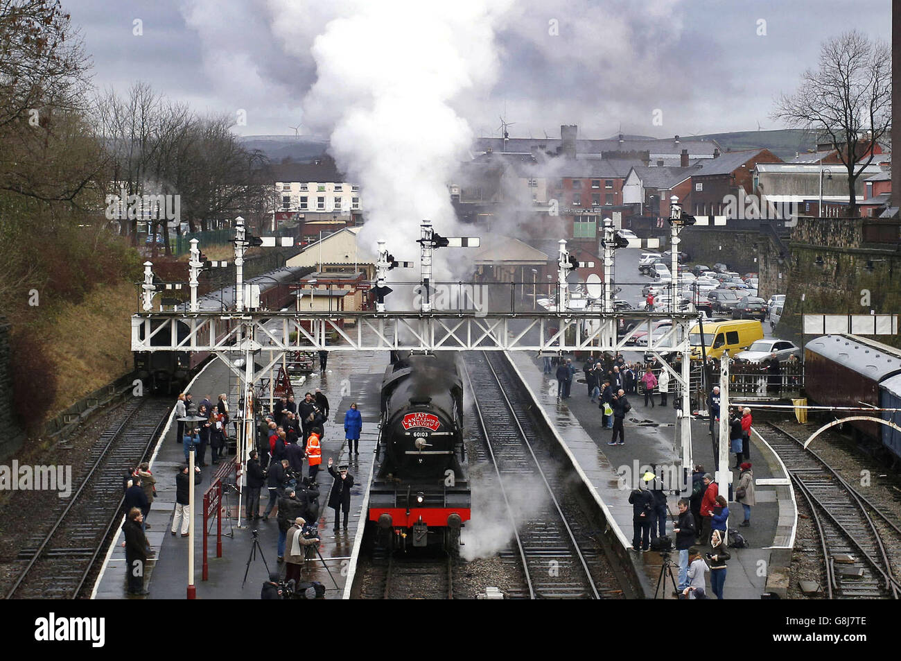 The Flying Scotsman locomotive under steam at the East Lancashire Railway tracks in public for the first time after the successful completion of a decade-long £4.2m restoration project. Stock Photo