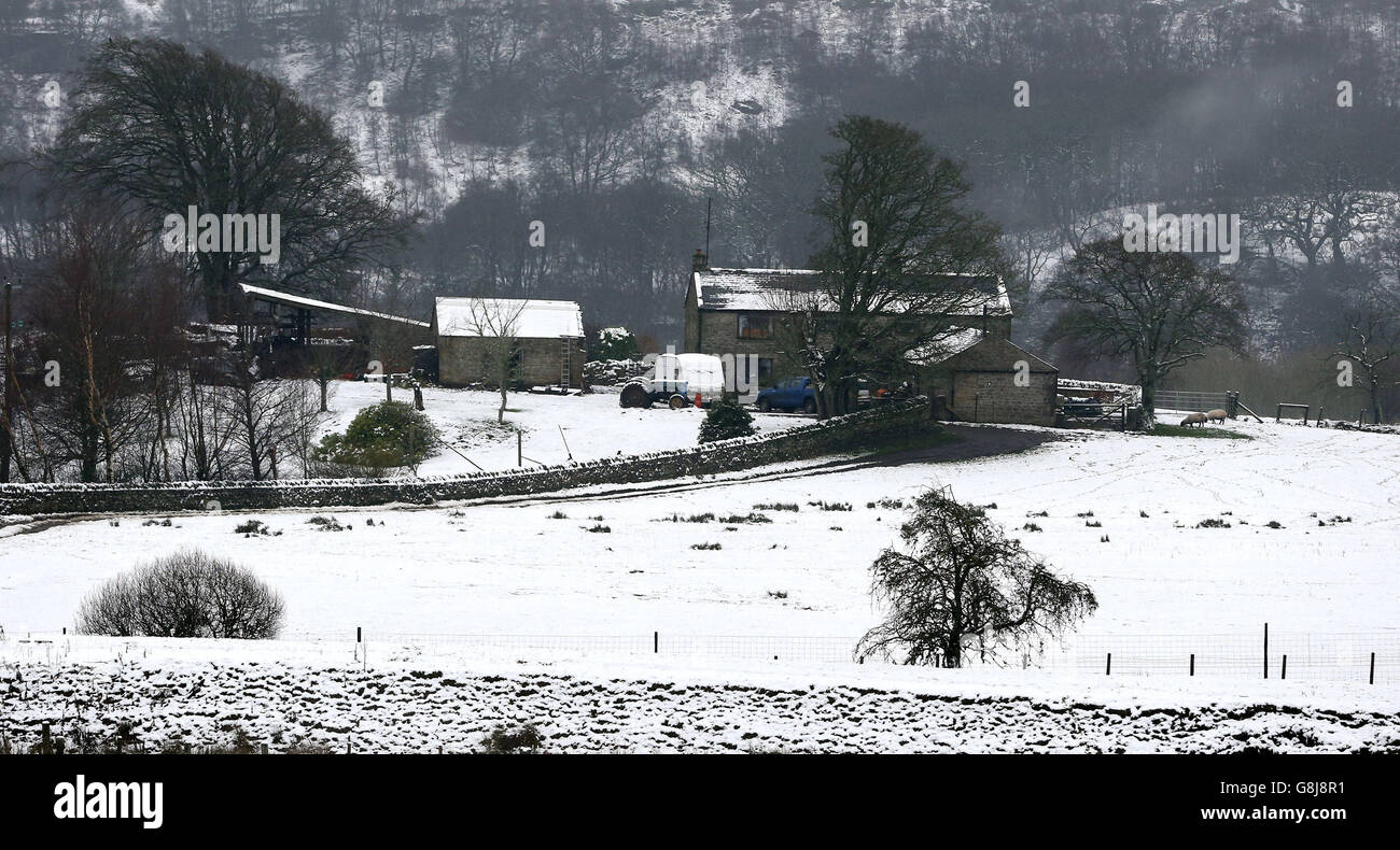 A snow covered farm in Northumberland as the unseasonably mild weather has come to an end with the arrival of freezing temperatures from the icy north. Stock Photo