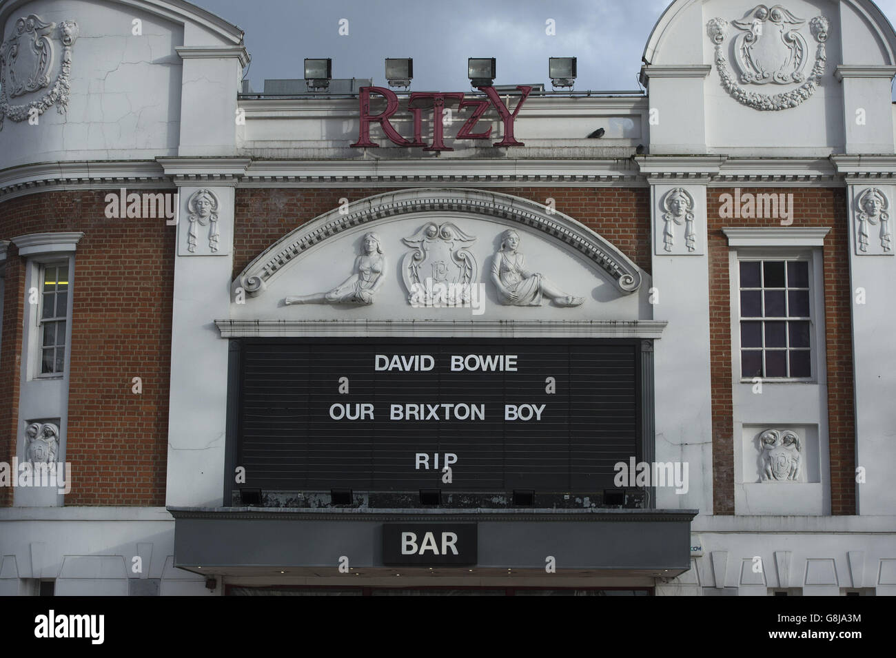 A tribute to David Bowie is seen on the Ritzy cinema in Brixton, London, the singers birthplace, after the rock star died following an 18-month battle with cancer. Stock Photo