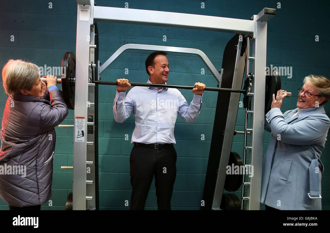 Minister for Health Leo Varadkar with Go For Life physical activity leaders Frances Regan (left) and Pat O'Flynn at Ballybough Community, Youth & Fitness Centre, Dublin, as the Government launched Ireland's first National Physical Activity Plan which aims to get thousands more people exercising every year. Stock Photo