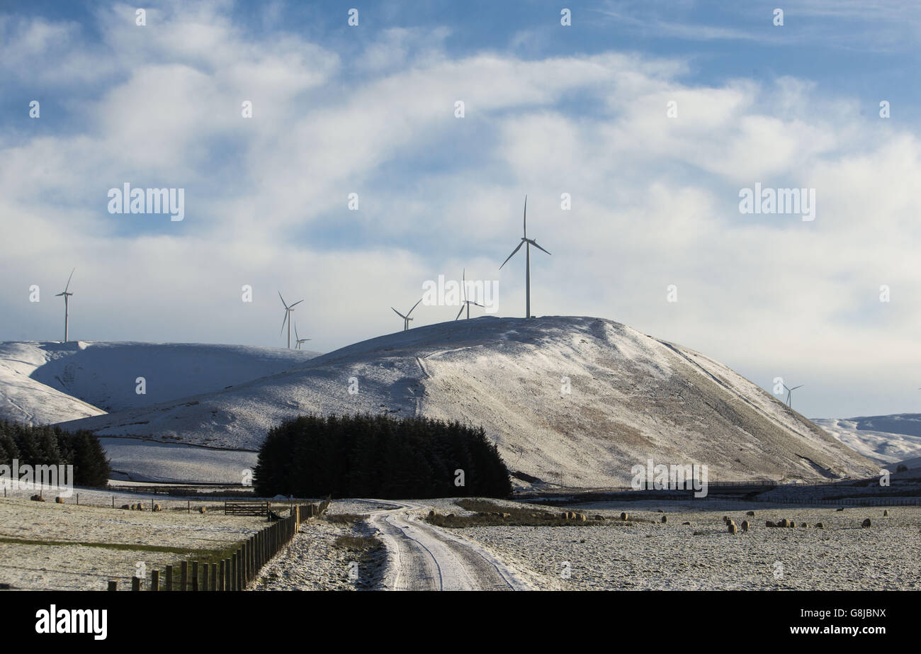 Snow in Abington in Scotland as the cold weather hits parts of the UK. Stock Photo