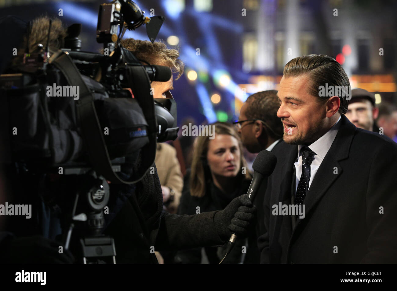 Leonardo DiCaprio gives a television interview as he attends The Revenant premiere, held at Empire Leicester Square, London. PRESS ASSOCIATION Photo. Picture date: Thursday January 14, 2016. See PA story SHOWBIZ Revenant. Photo credit should read: Jonathan Brady/PA Wire Stock Photo