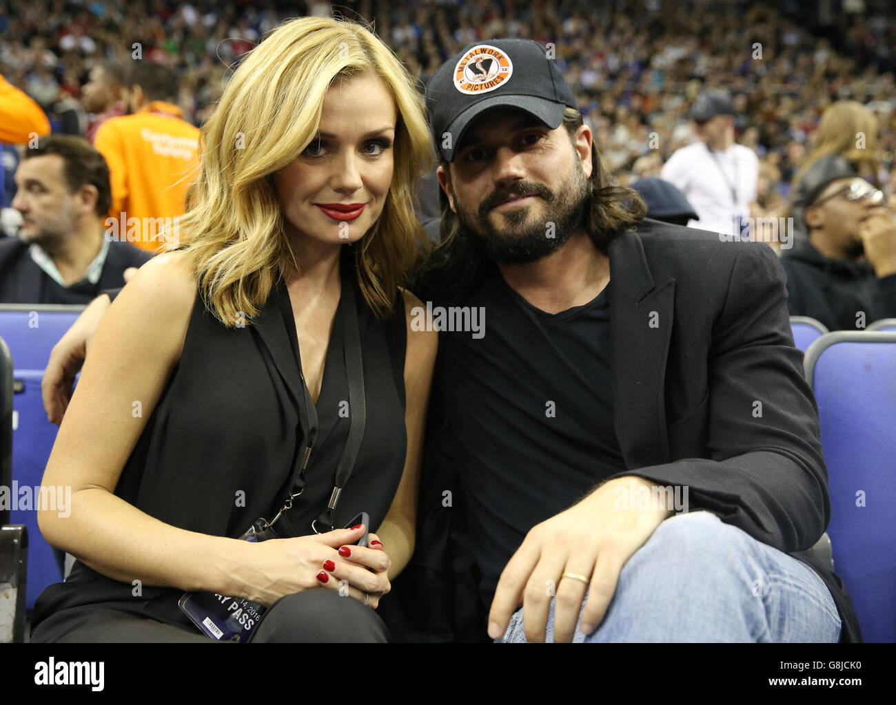 Singer Katherine Jenkins and her husband Andrew Levitas during the NBA Global Games match at the O2 Arena, London. Stock Photo