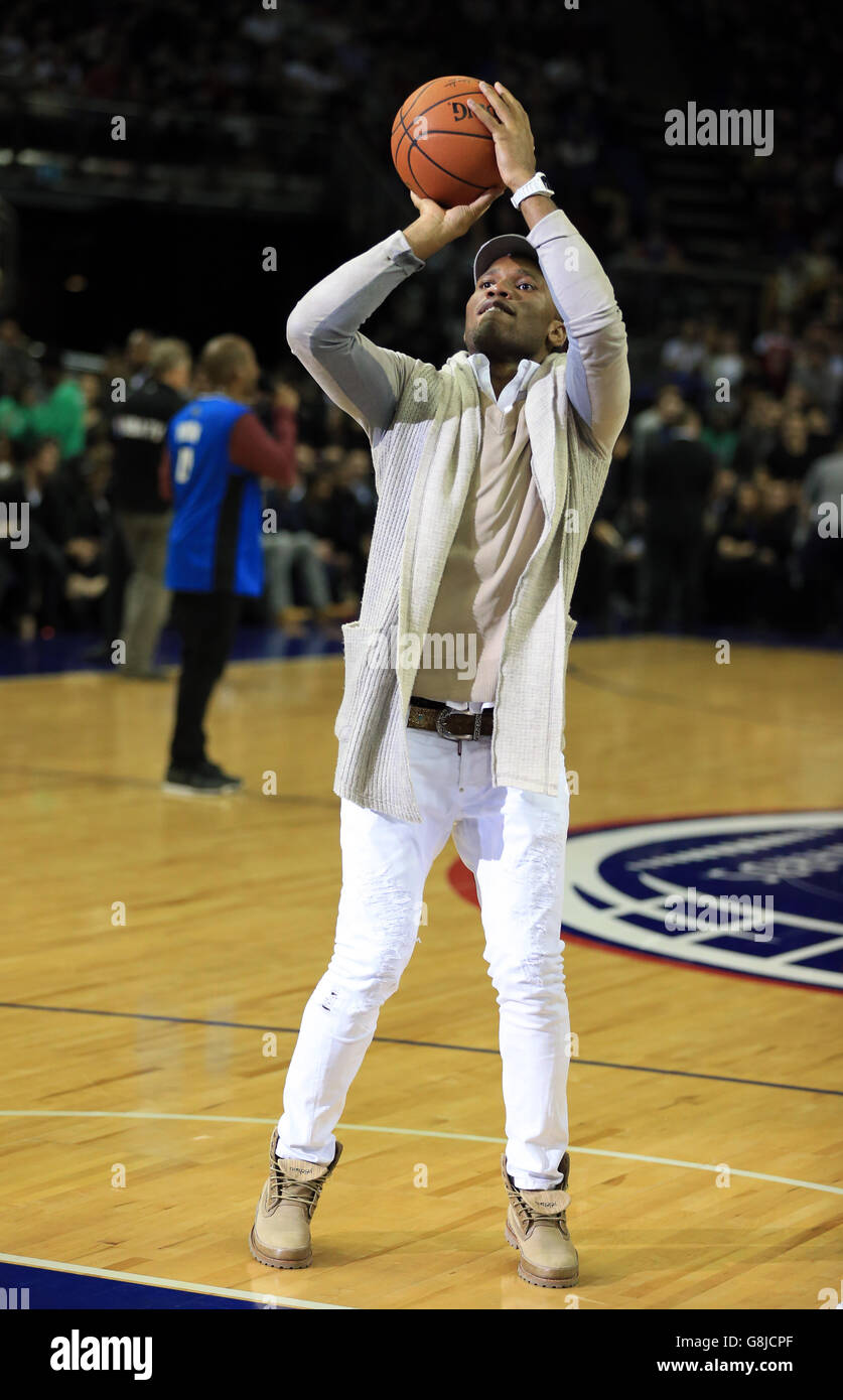 Ex Chelsea player Didier Drogba at half time during the NBA Global Games match at the O2 Arena, London. Stock Photo