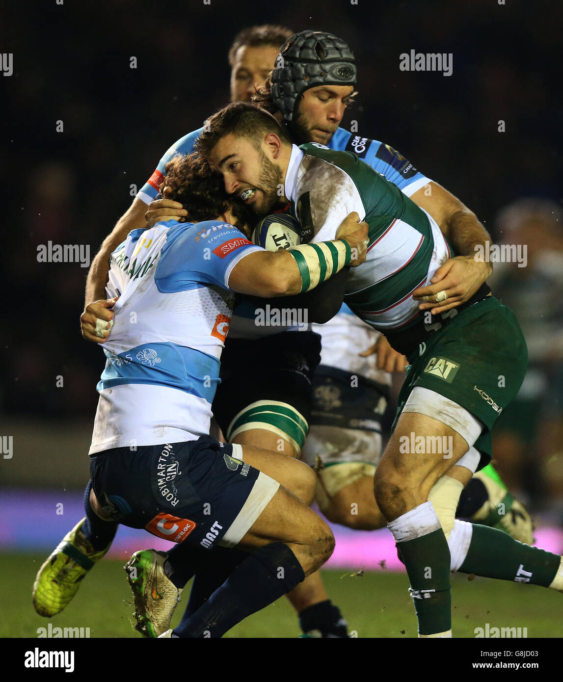 Leicester Tigers' Tommy Bell is tackled by Benetton Treviso's Alberto  Lucchese during the European Champions Cup, pool four match at Welford  Road, Leicester Stock Photo - Alamy