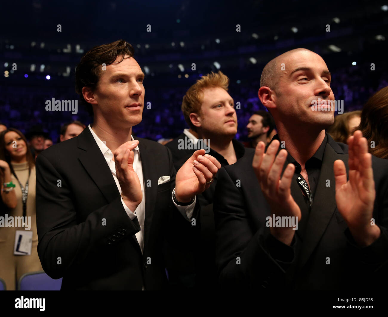 Actor Benedict Cumberbatch applauds David Haye at the O2 Arena, London. Stock Photo