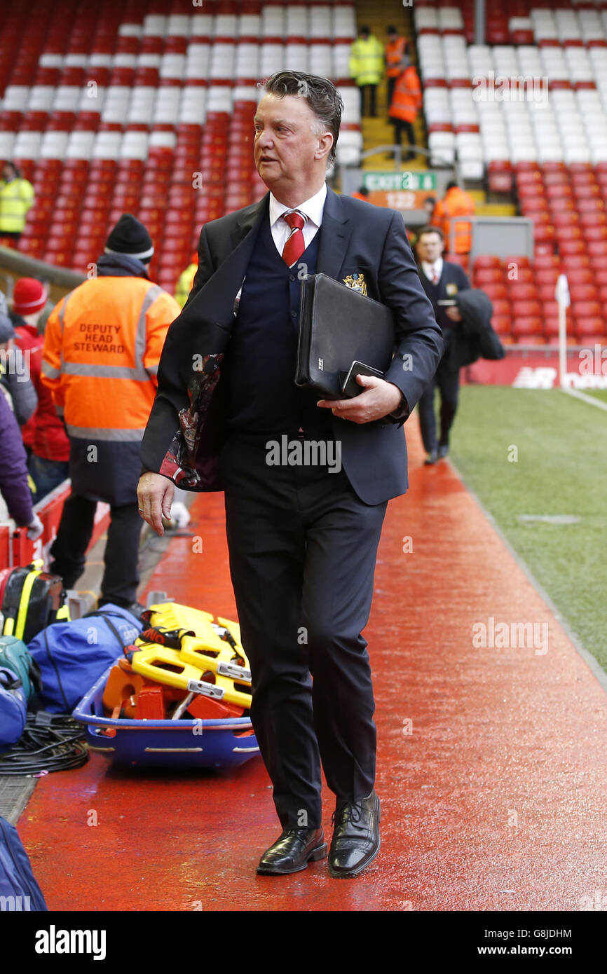 Manchester United manager Louis Van Gaal arrives prior to kick off during  the Barclays Premier League match at Anfield, Liverpool Stock Photo - Alamy