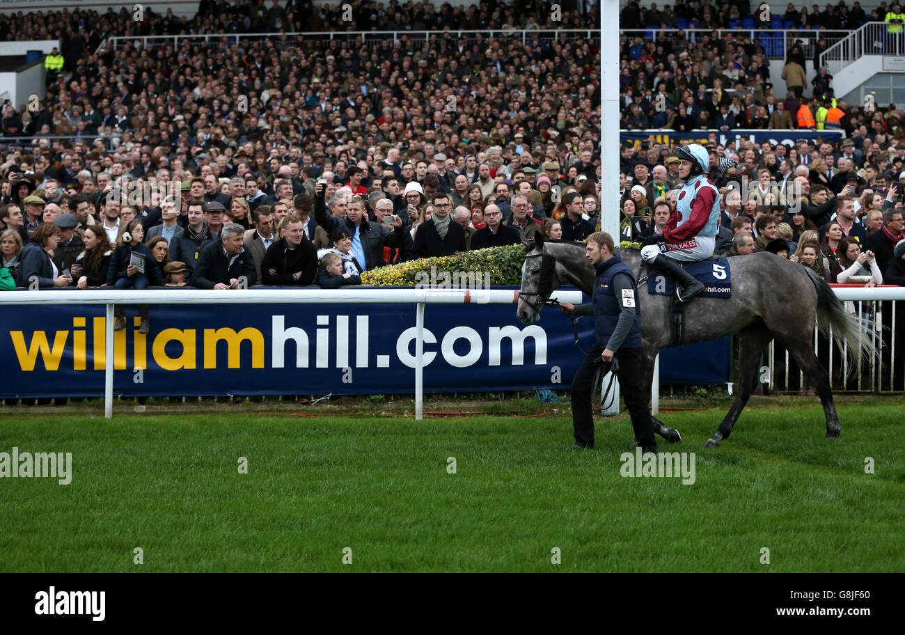 Irish Cavalier ridden by Barry Geraghty goes to post prior to the William Hill King George VI Chase Stock Photo