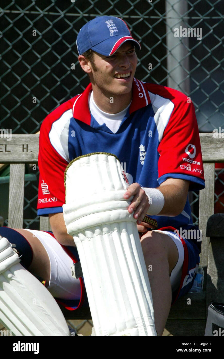 Cricket - The Ashes - npower Second Test - England v Australia - England Nets - Edgbaston. England bowler Chris Tremlett puts on his pads. Stock Photo