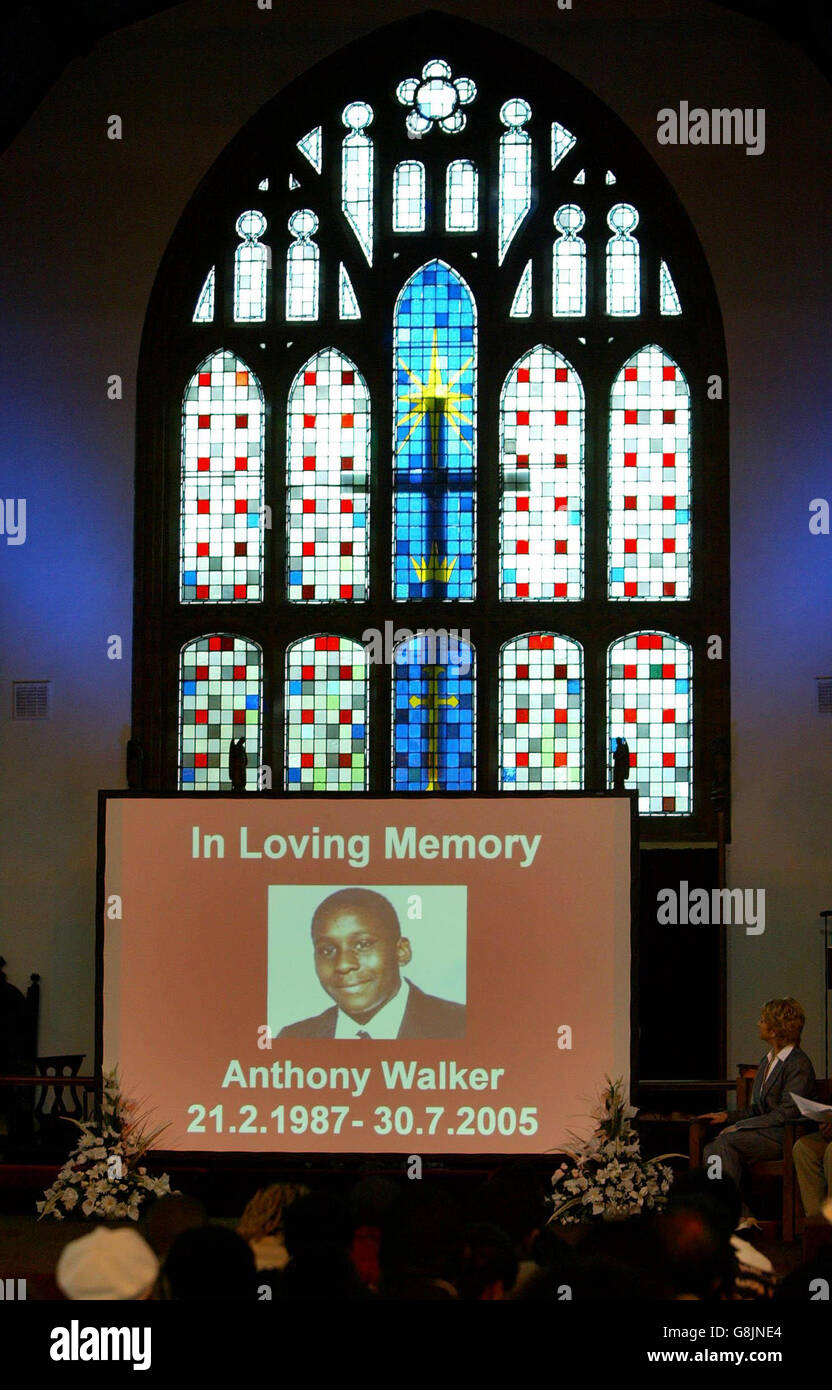 A picture of murdered black teenager Anthony Walker in St Gabriels church. Hundreds of people took part in a candlelit procession this evening to the spot where Anthony was killed a week ago with an axe. Stock Photo