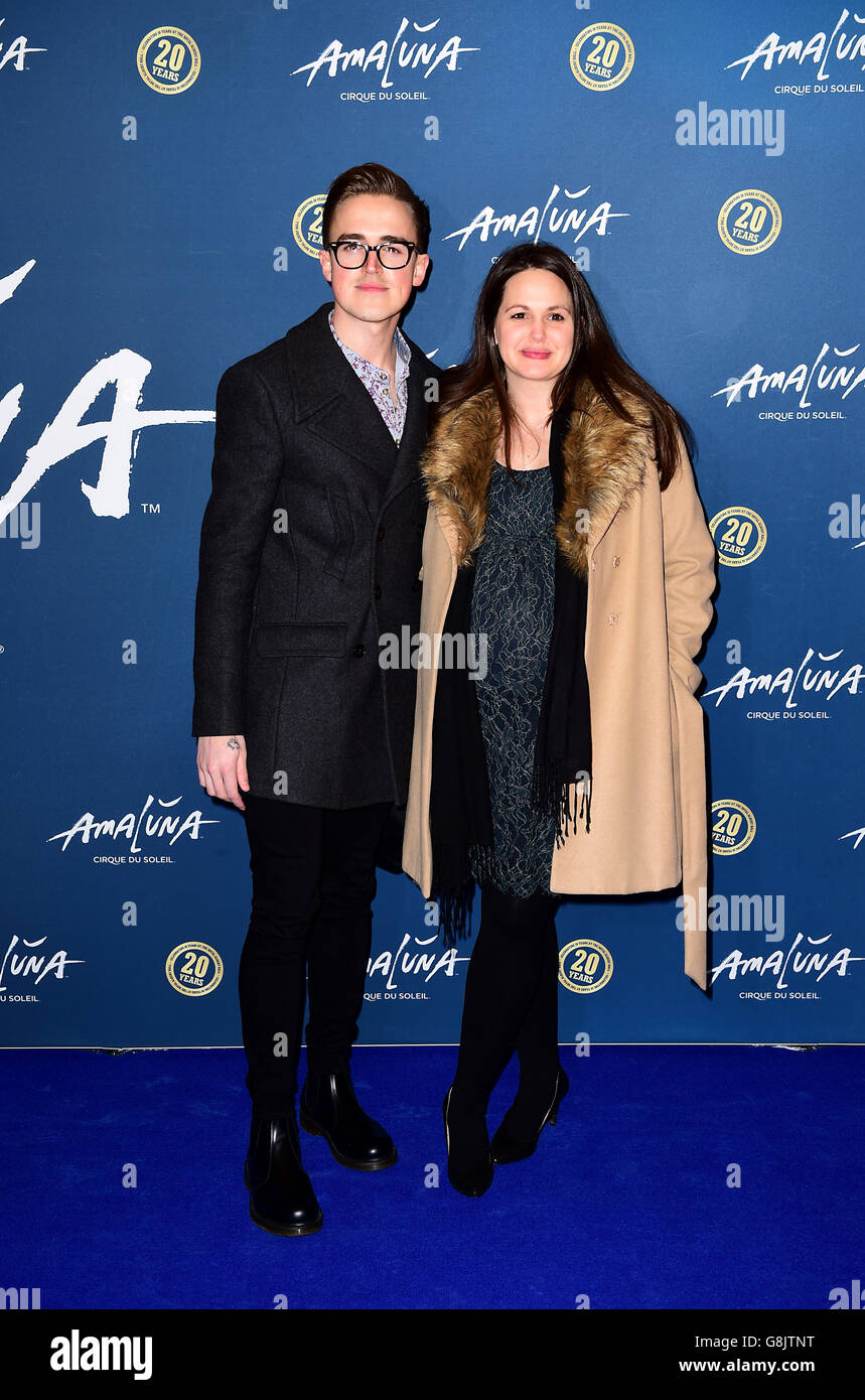 Tom Fletcher and wife Giovanna Falcone attending Cirque du Soleil's Amaluna marking Cirque Du Soleil's 20th anniversary at the Royal Albert Hall, London. PRESS ASSOCIATION Photo. Picture date: Tuesday January 19, 2016. Photo credit should read: Ian West/PA Wire Stock Photo