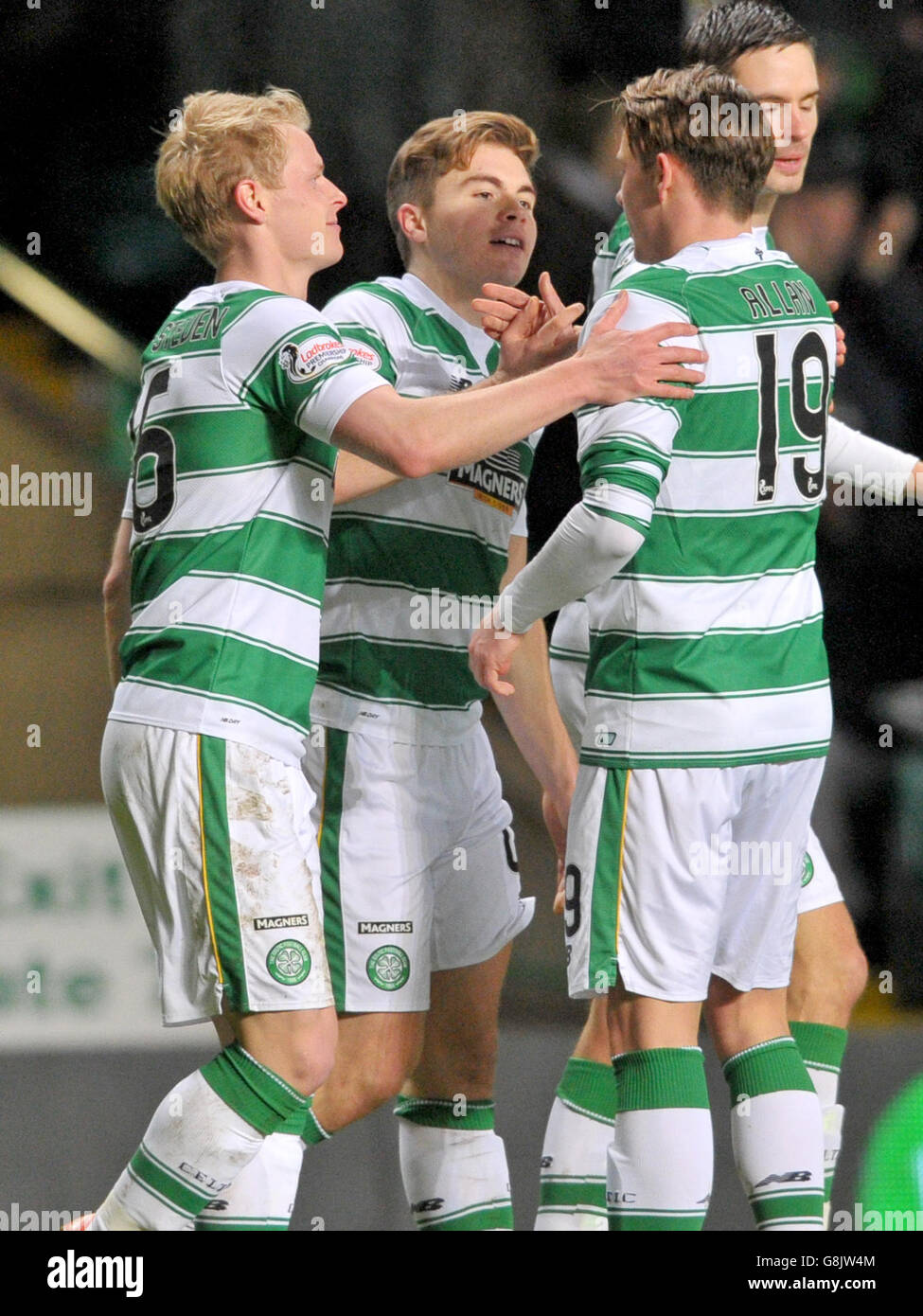 Celtic's James Forrest (centre) celebrates scoring their six goal of the game with team-mates during the Ladbrokes Scottish Premiership at Celtic Park, Glasgow. Stock Photo