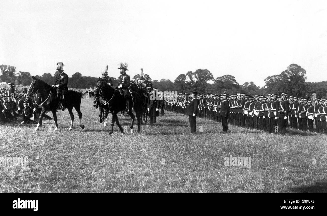King George V, mounted, reviewing the St John's Ambulance Brigade in Windsor Park. Stock Photo