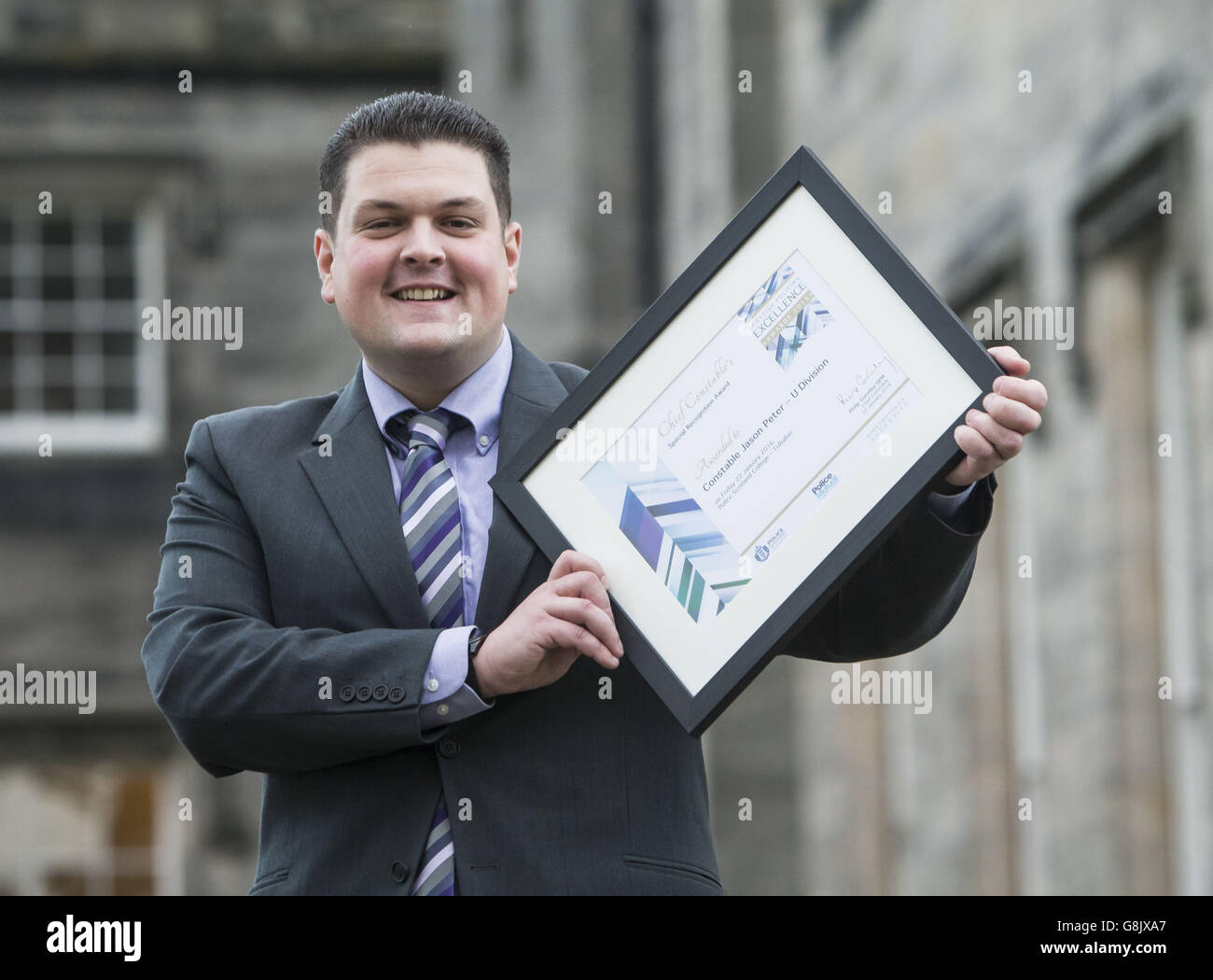 Constable Jason Peter of U Division, winner of a special recognition award at the inaugural Scottish Policing Excellence Awards, poses for photos at the Police Scotland College in Tulliallan. Stock Photo