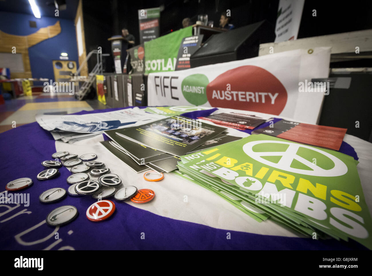 A stall at an anti-austerity rally at Vertigo Hall in Glasgow. The People's Assembly Scotland's annual meeting covered issues including public service cuts and council tax reform. Stock Photo