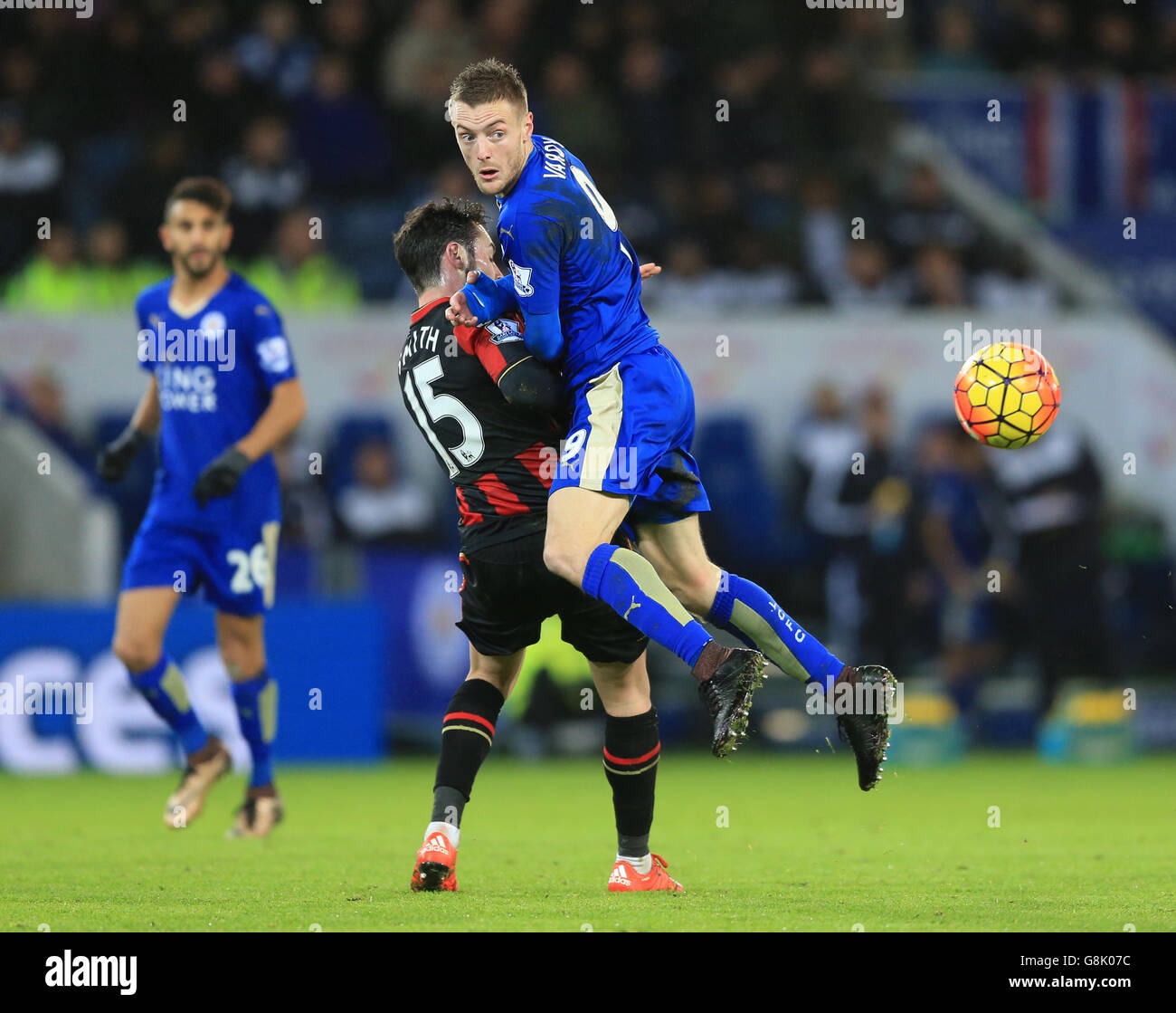 Leicester City's Jamie Vardy (right) and AFC Bournemouth's Adam Smith ...