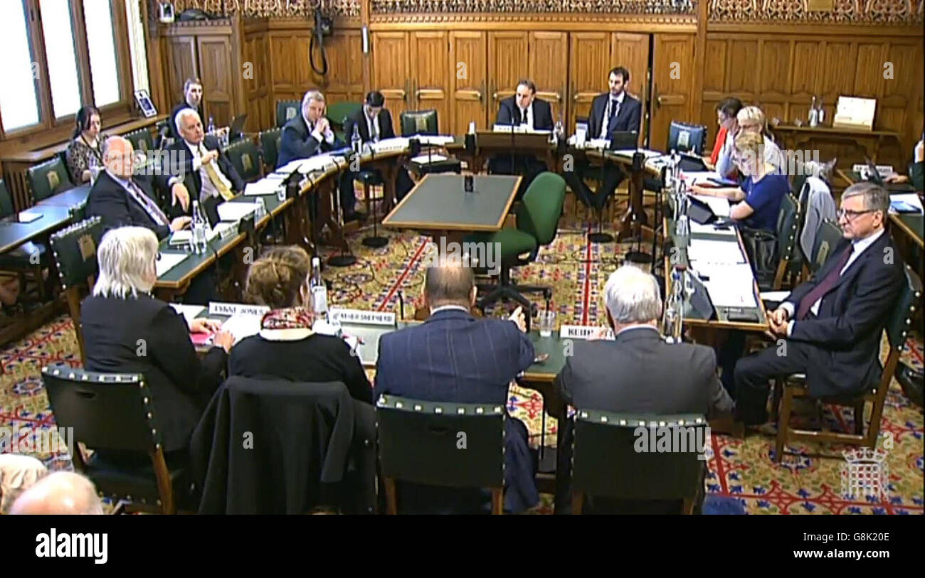 Witnesses give evidence to the Environment, Food and Rural Affairs Committee in the Palace of Westminster, London, on recent flooding which swamped around 16,000 homes in England. Stock Photo