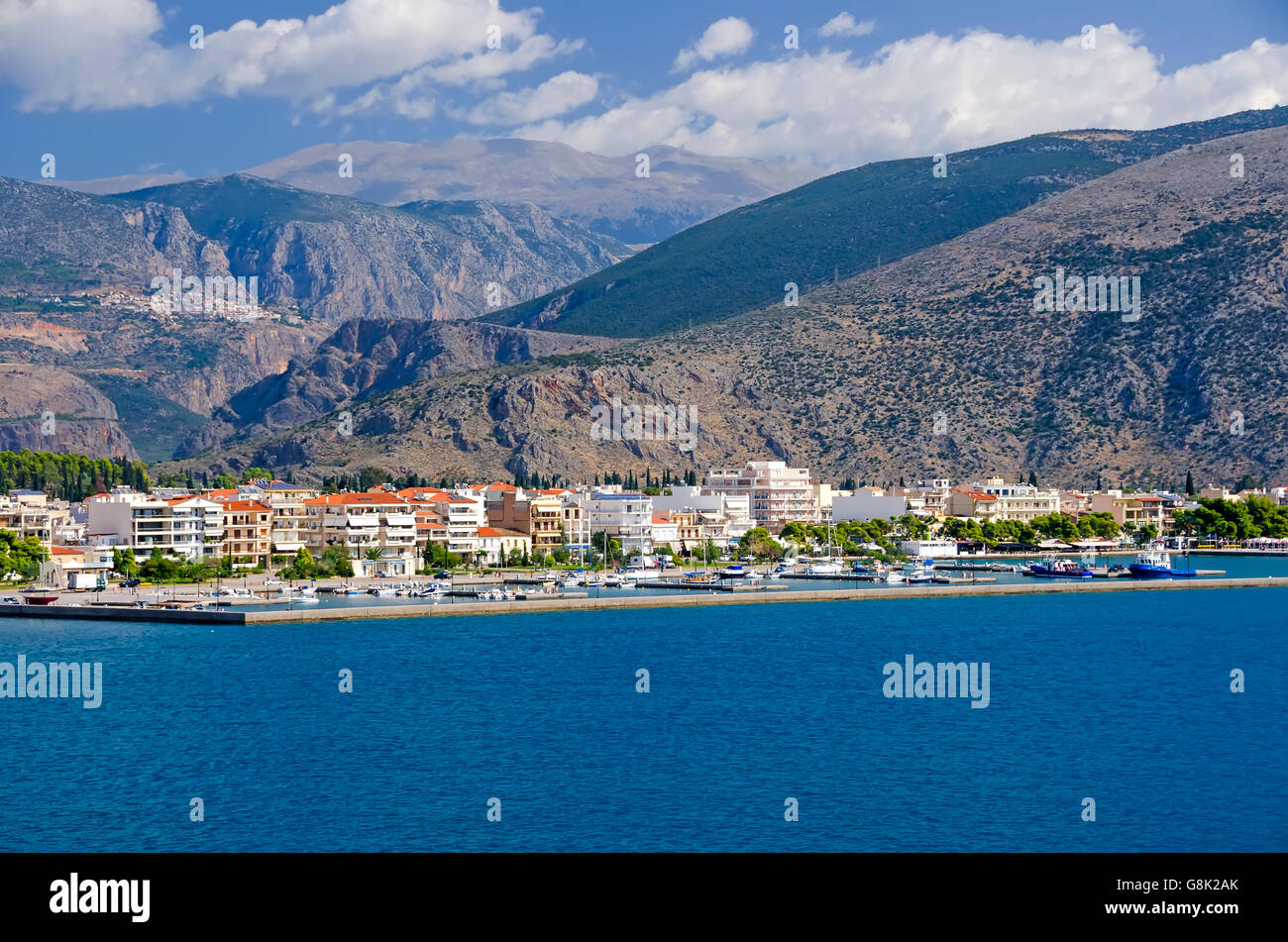 Itea Greece harbor town mountains part of municipality of Delphi. Stock Photo