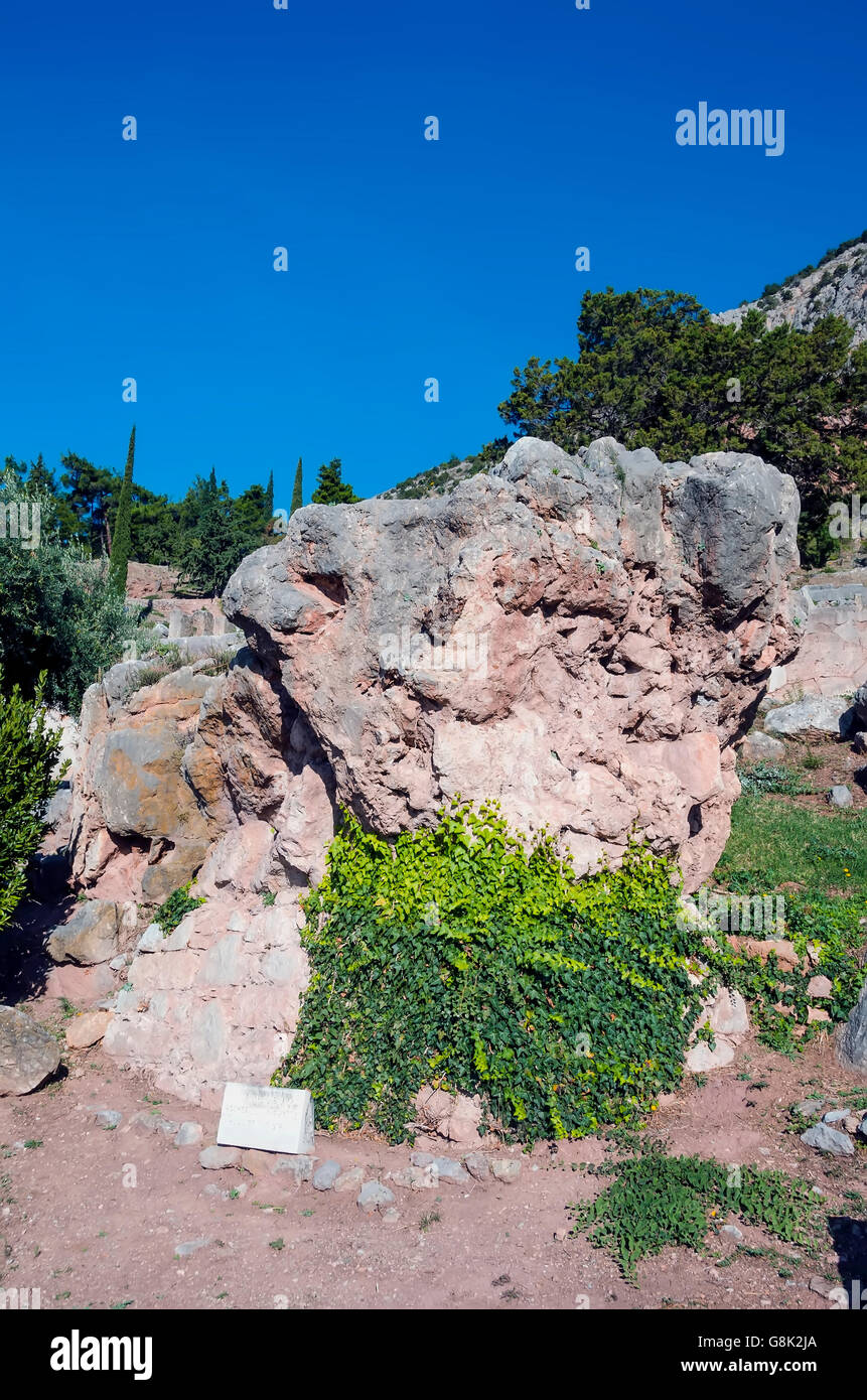 The Sibyl rock where the Delphi priestess Sibyl foretold the future at Archaeological Site of Delphi Greece. Stock Photo