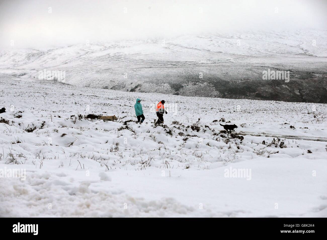 People walk through snow covered fields in Sally Gap, Glencullen in Dublin as the unseasonably mild weather has come to an end with the arrival of freezing temperatures from the icy north. Stock Photo