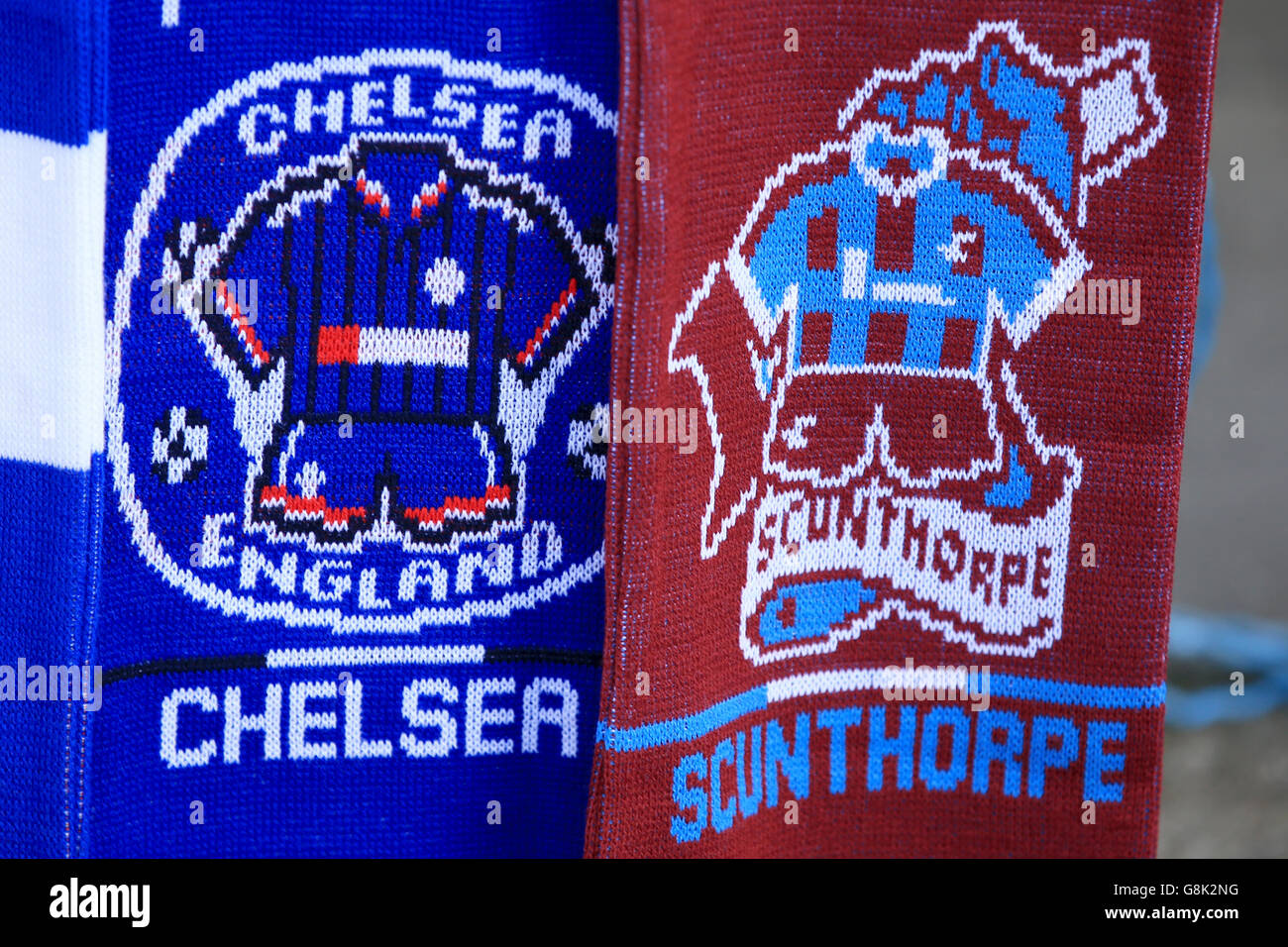 Chelsea and Scunthorpe United scarves on sale outside the ground, before the Emirates FA Cup, third round match at Stamford Bridge, London. Stock Photo