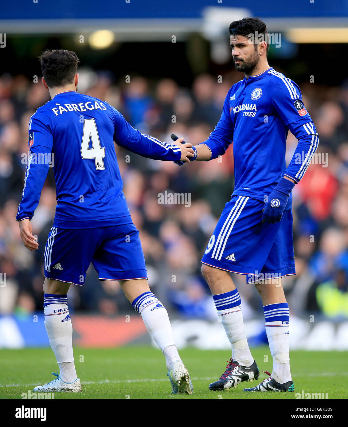 Chelsea's Diego Costa (right) celebrates scoring their first goal of the game with team-mate Francesc Fabregas during the Emirates FA Cup, third round match at Stamford Bridge, London. Stock Photo
