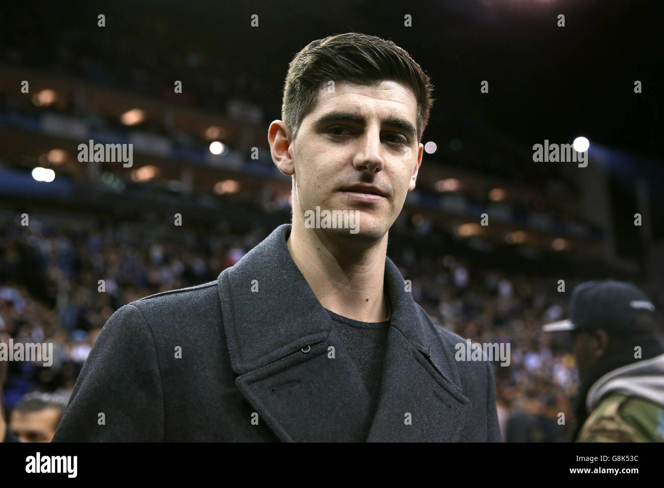 Chelsea goalkeeper Thibaut Courtois at the NBA Global Games match at the O2 Arena, London. Stock Photo