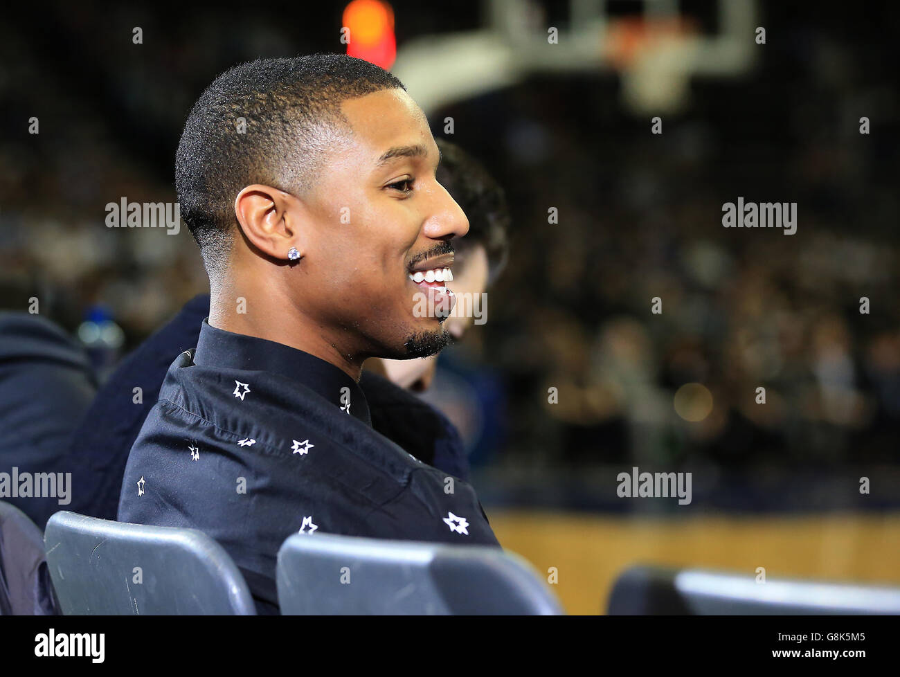 Actor Michael B Jordan on the front row during the NBA Global Games match at the O2 Arena, London. Stock Photo