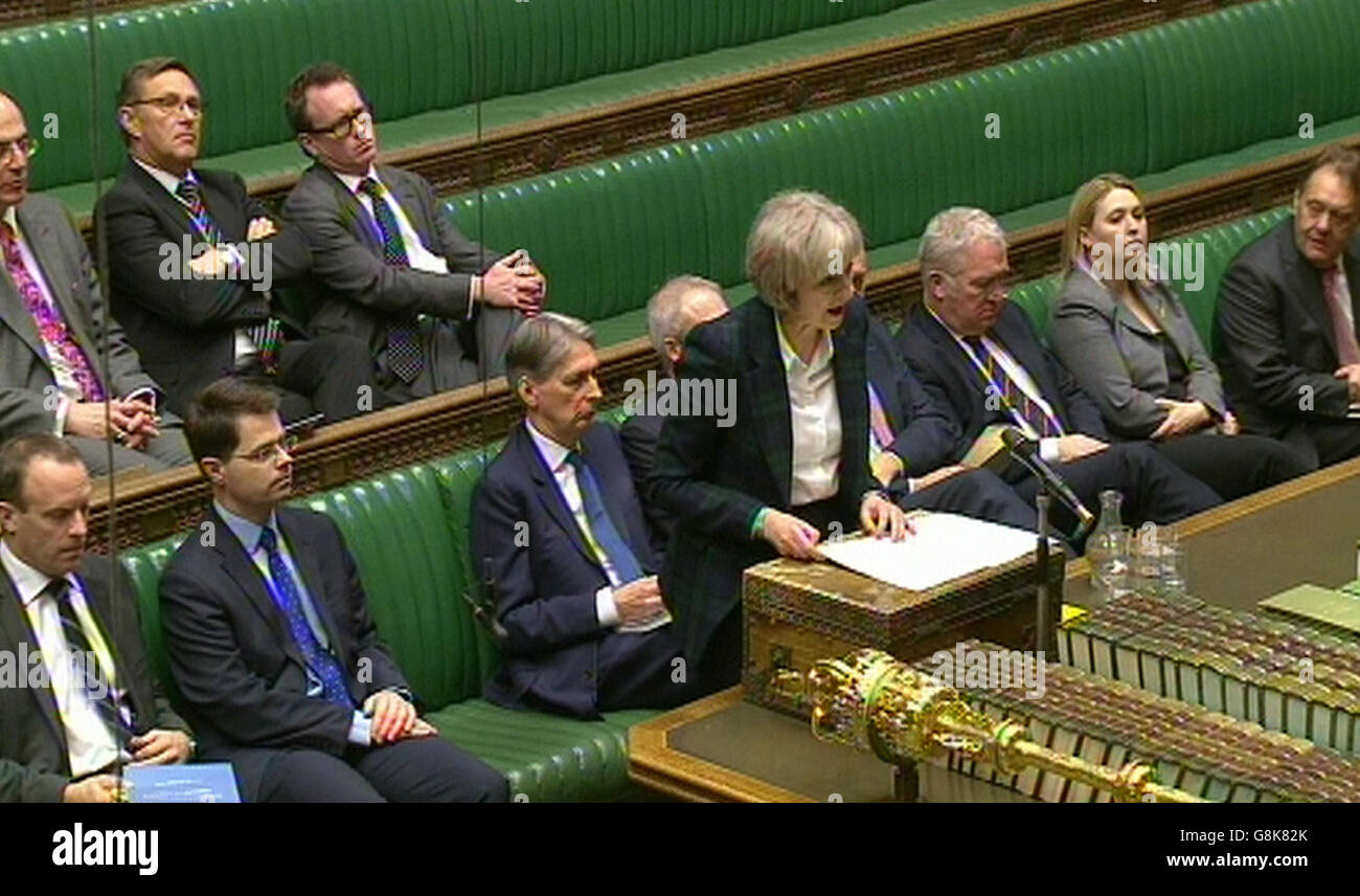 Home Secretary Theresa May speaks in the House of Commons, London, after a public inquiry found that President Vladimir Putin 'probably' approved the assassination of Russian dissident Alexander Litvinenko in London in 2006. Stock Photo