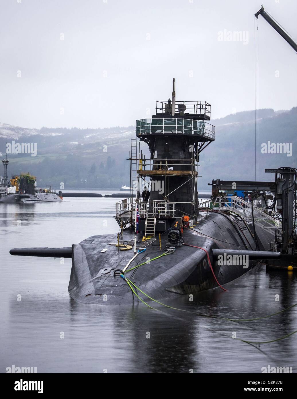 Vanguard-class submarine HMS Vigilant, one of the UK's four nuclear warhead-carrying submarines, at HM Naval Base Clyde, also known as Faslane, ahead of a visit by Defence Secretary Michael Fallon. Stock Photo