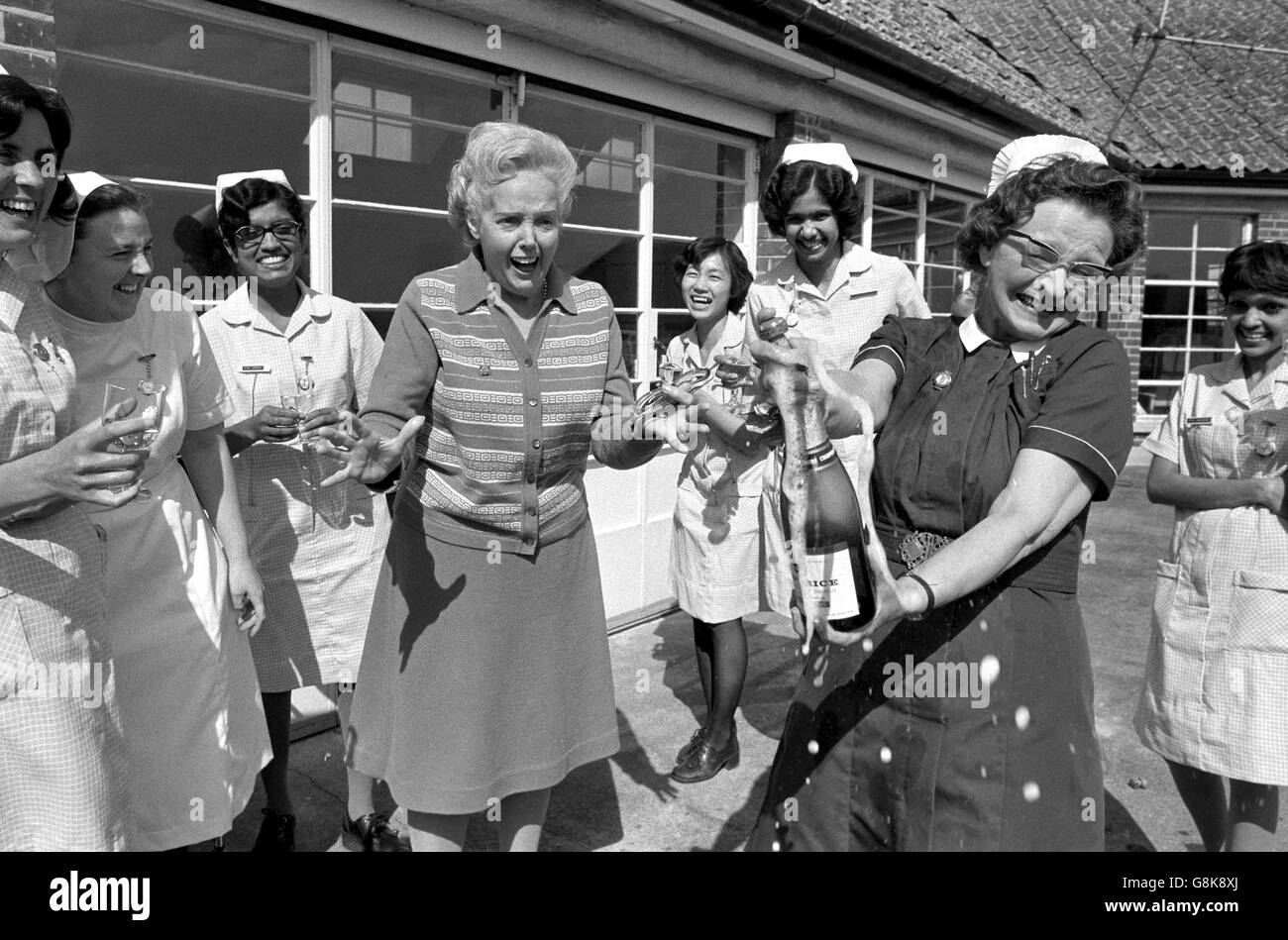 Jessie Matthew, 69, famous for her fadio role as 'Mrs Dale' leaves St Vincent's Orthopaedic Hospital, amid celebrations from Sister Florence Simes and nurses. Stock Photo