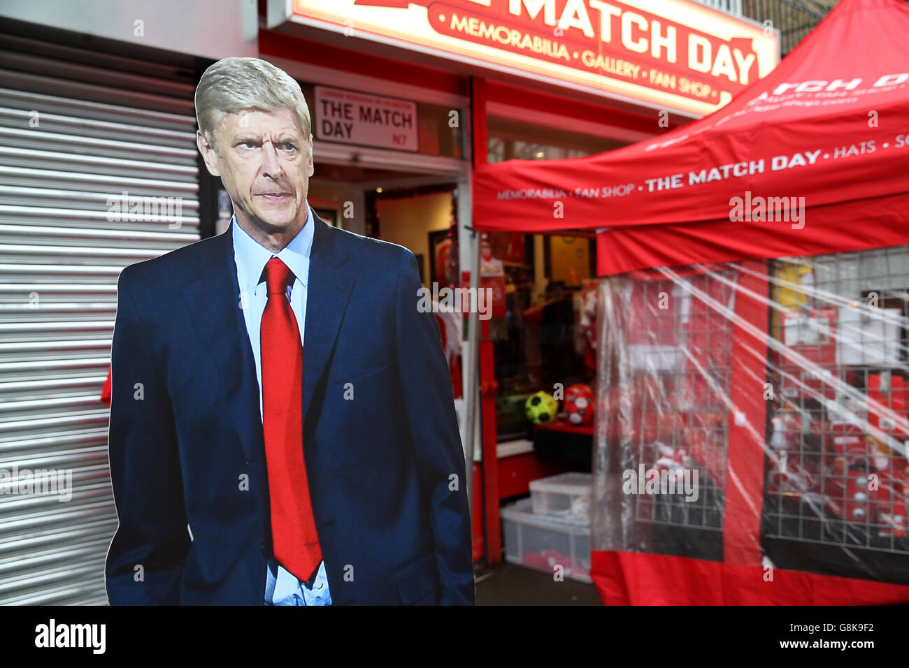 A cardboard cutout of Arsenal manager Arsene Wenger prior to the Barclays Premier League match at the Emirates Stadium, London. Stock Photo