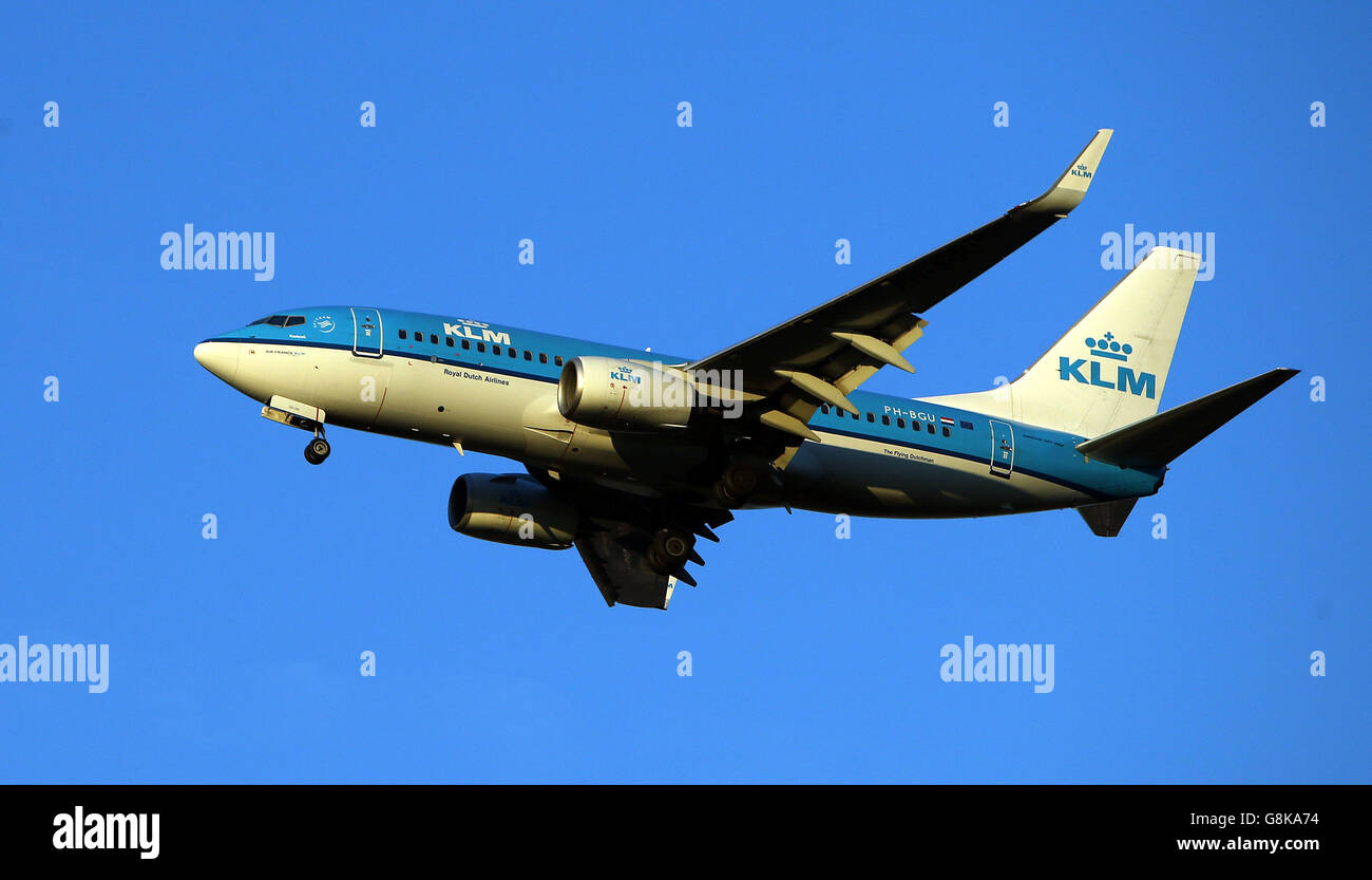 A KLM Royal Dutch Airlines Boeing 737-7K2(WL) plane with the registration PH-BGU lands at Heathrow Stock Photo