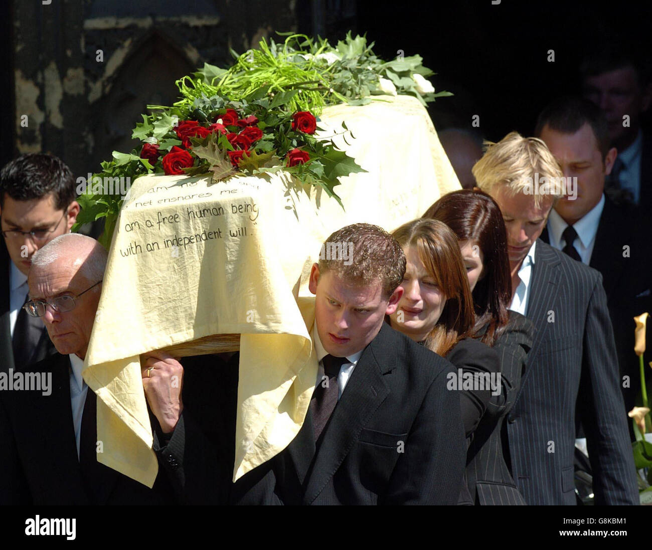 The coffin of London bomb victim Jenny Nicholson is carried from her funeral service at Bristol Cathedral. Hundreds of mourners gathered to remember the talented young musician who was killed in the London bomb attacks. Vicar's daughter Jennifer Nicholson, 24, who lived in Reading with her boyfriend, died in the explosion at Edgware Road tube station on July 7. Stock Photo