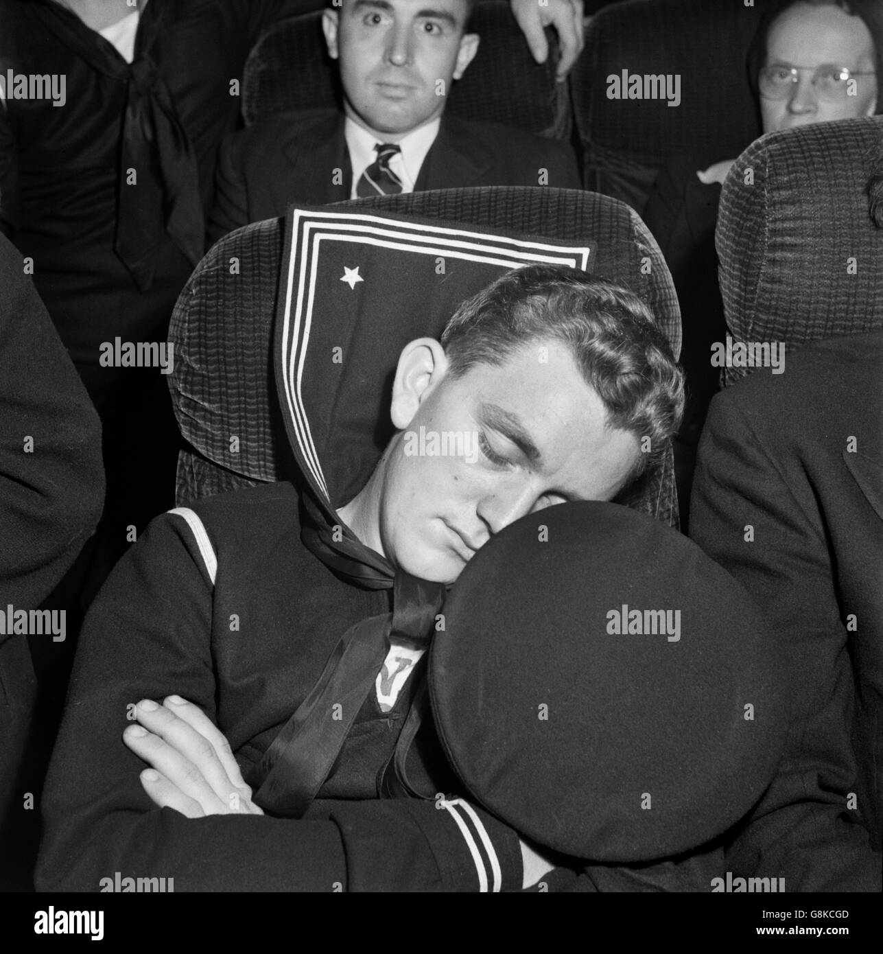 Sleeping Sailor on Bus from Roanoke, Virginia to Washington DC, USA, Esther Bubley for Office of War Information, September 1943 Stock Photo