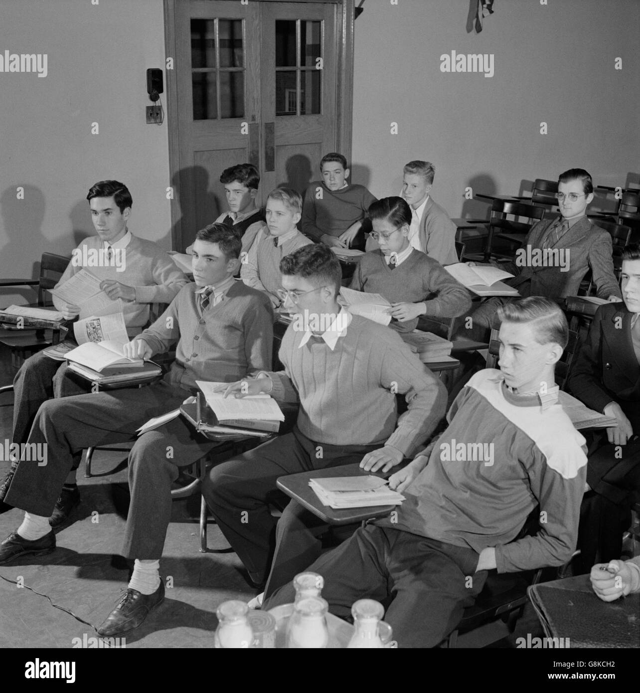 Teenage Boys in Classroom, Woodrow Wilson High School, Washington DC, USA, Esther Bubley for Office of War Information, October 1943 Stock Photo
