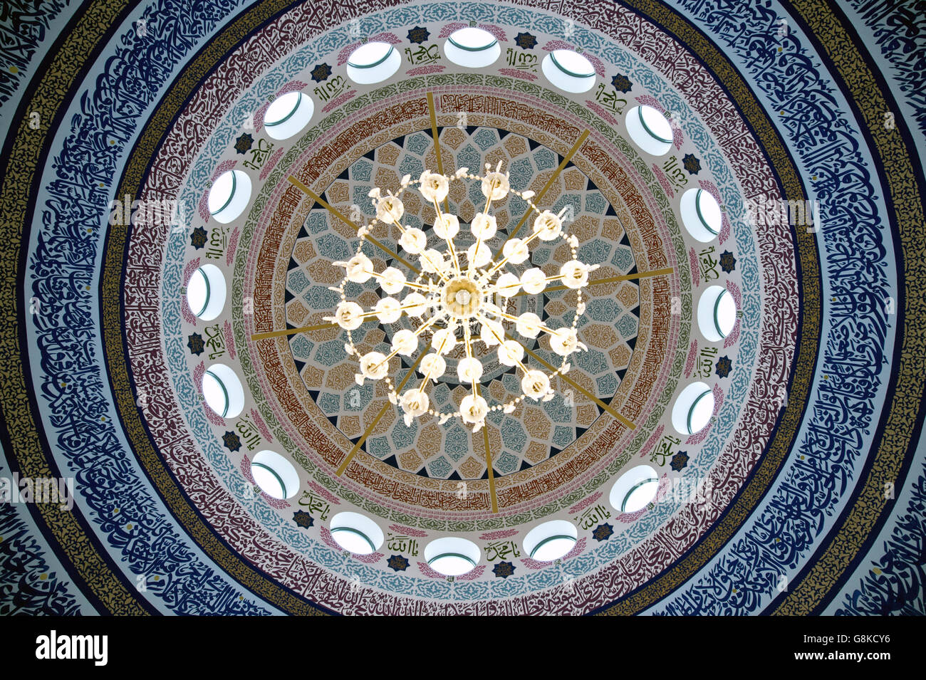 The interior of the dome of the Makkah Masjid Mosque in Leeds, as Prime Minister David Cameron has warned that Muslim women who fail to improve their English language skills could be deported as part of a drive to build community integration and counter extremism. Stock Photo