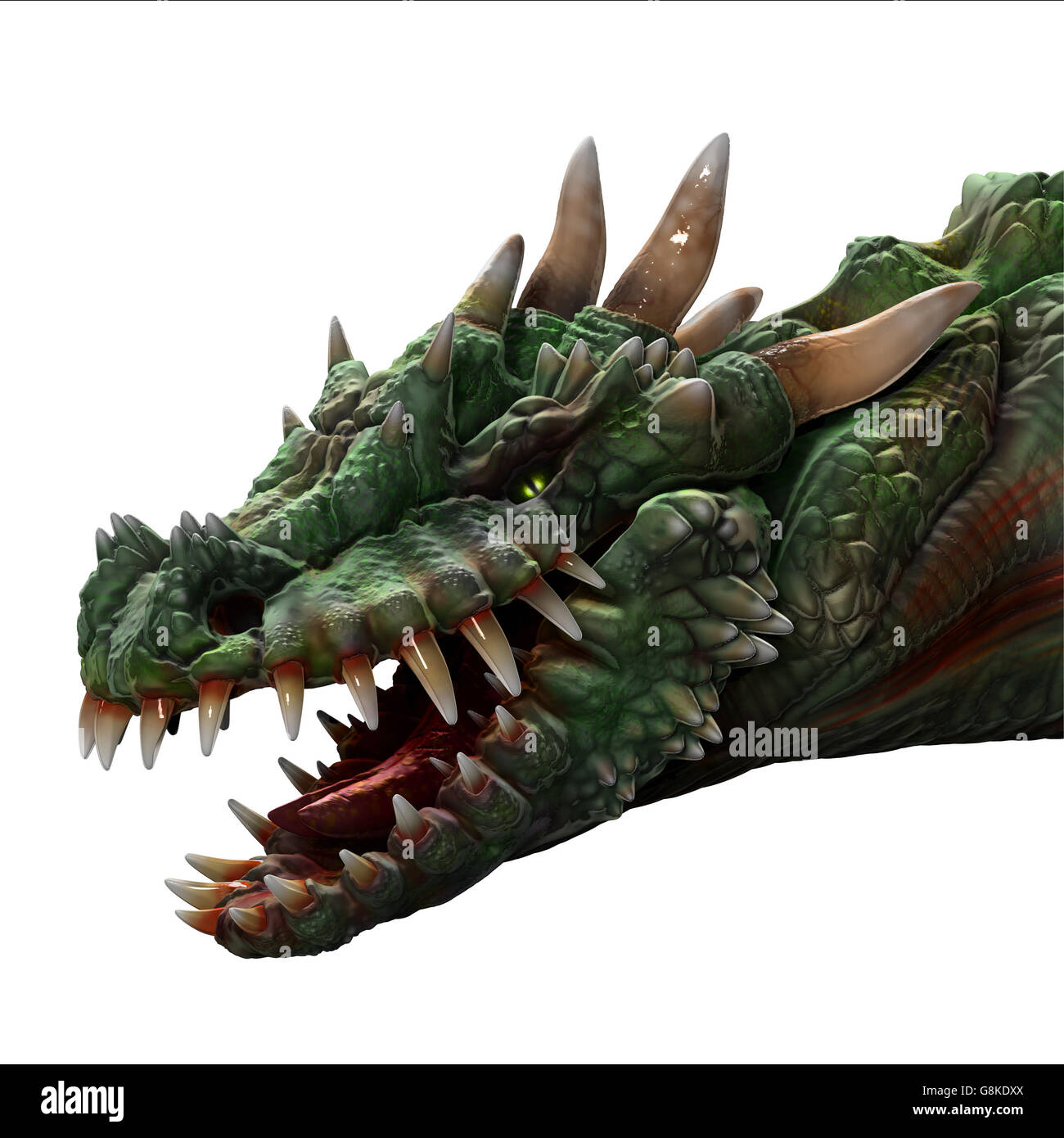 Green horned dragon portrait with large teeth, mouth open, on white