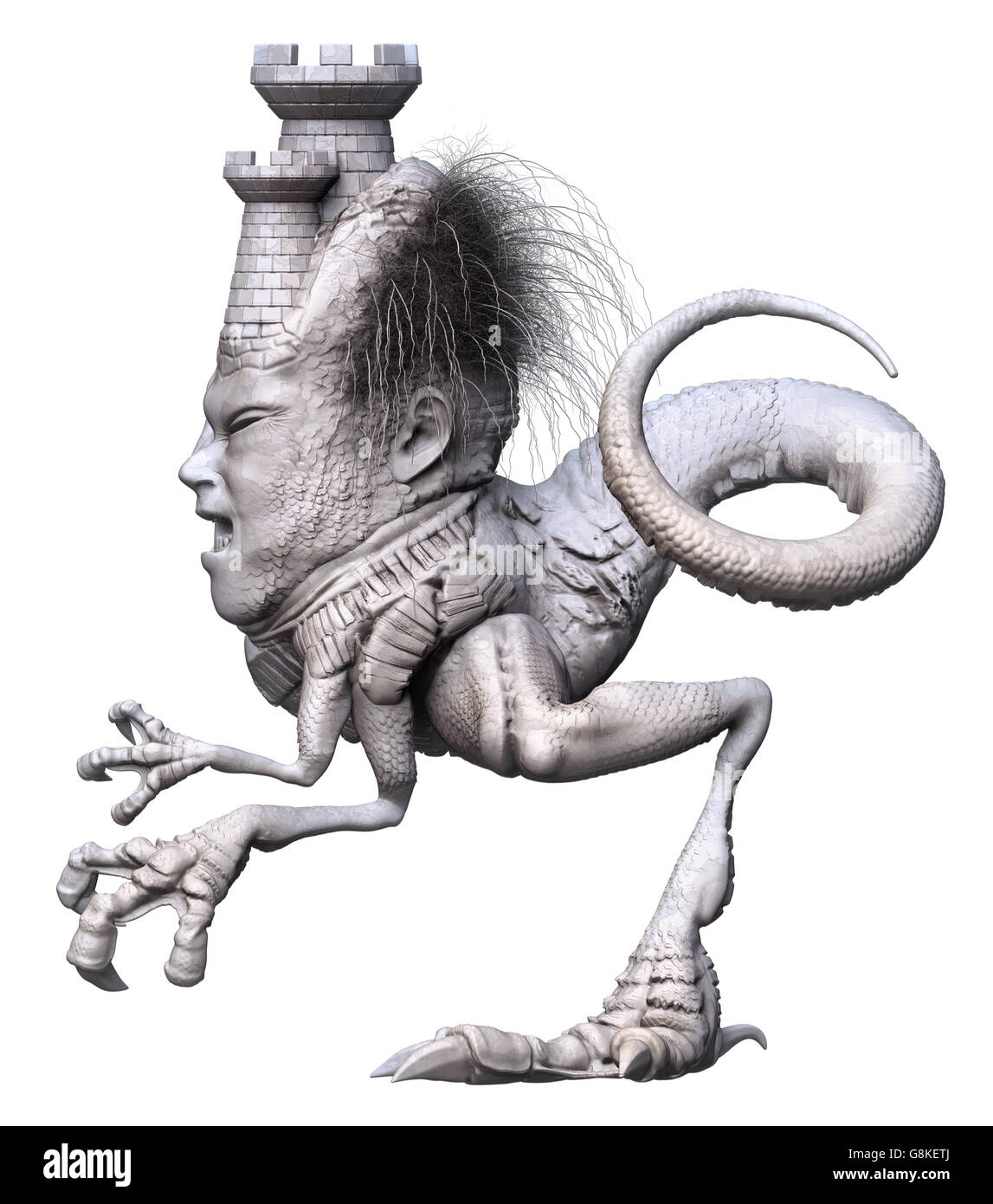 Side view of watchtower monster on white. Stock Photo