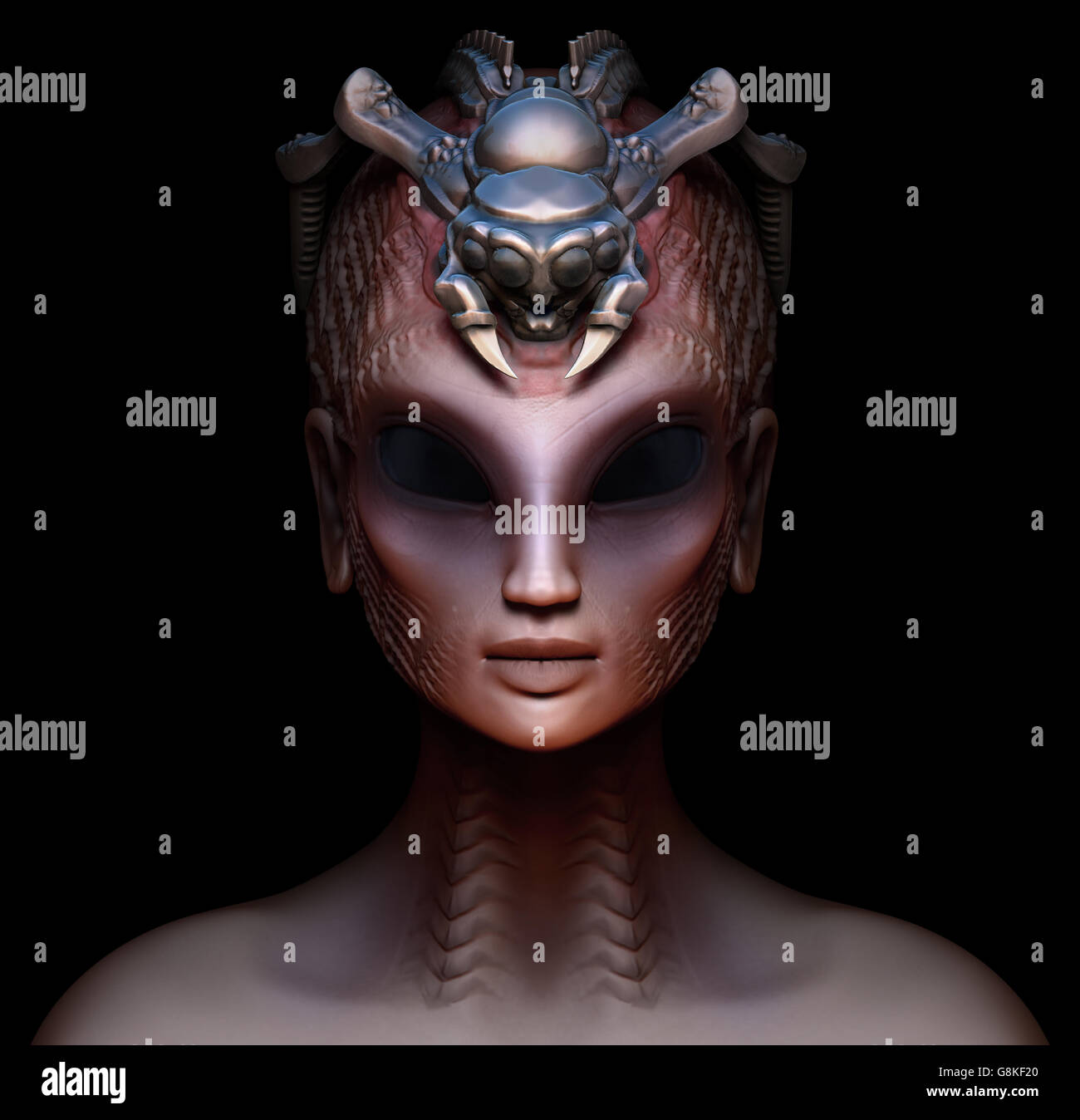 Hybrid alien woman queen with embedded parasite crown front view. Stock Photo