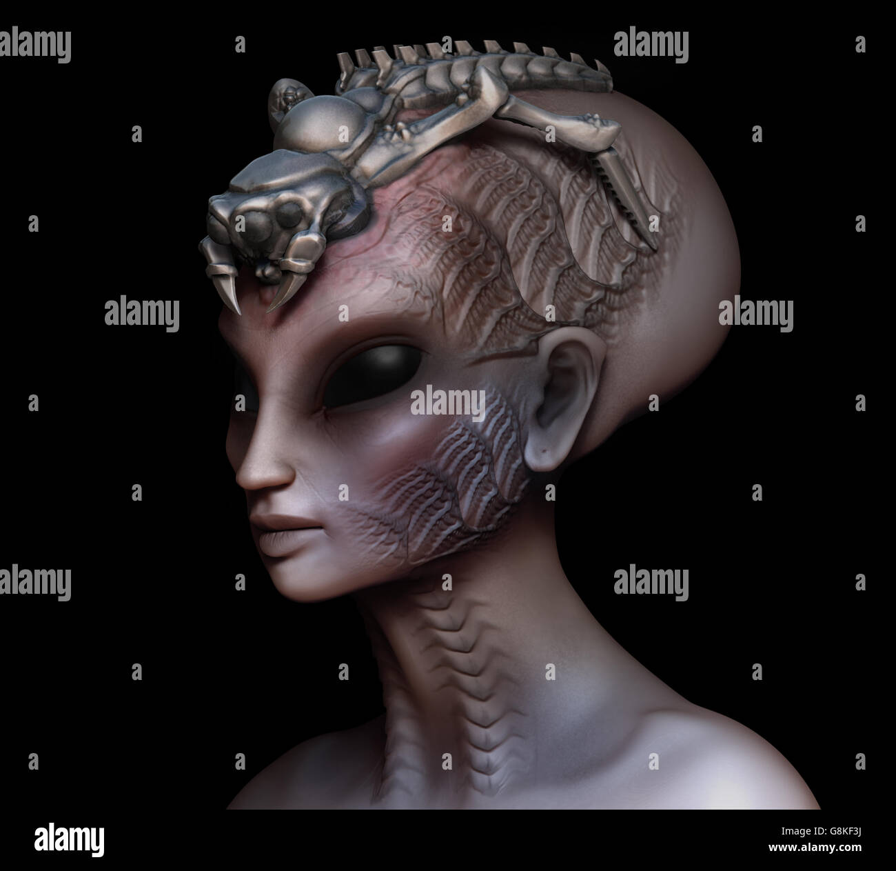 Hybrid alien woman queen with embedded parasite crown side view on black. Stock Photo