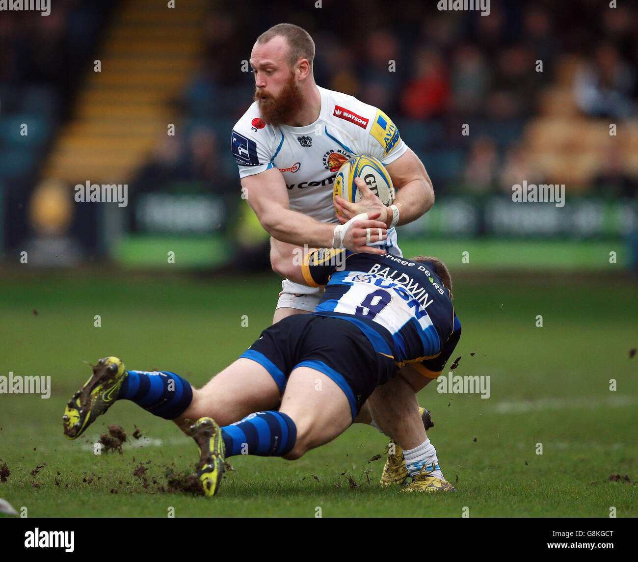 Exeter Chiefs' James Short is tackled by Worcester Warriors' Luke Baldwin  during the Aviva Premiership match at the Sixways Stadium, Worcester. PRESS  ASSOCIATION Photo. Picture date: Sunday January 31, 2016. See PA