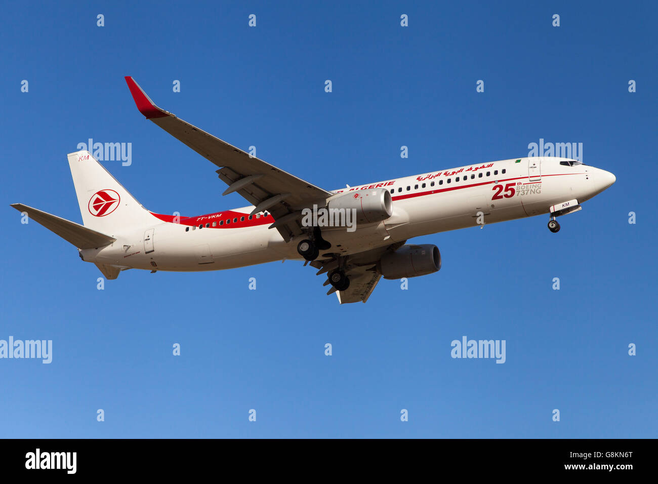 An Air Algerie Boeing 737-800 approaching to El Prat Airport in Barcelona, Spain. Stock Photo
