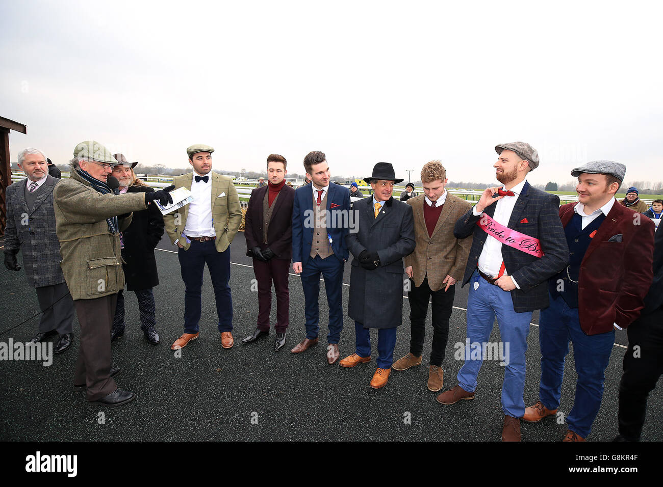 The finalists in the best dressed male competition during the Gentlemen's and Kingmaker Chase Day at Warwick racecourse. Stock Photo